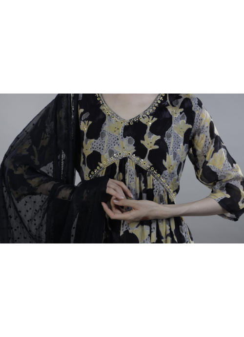 Black Floral Printed Anarkali with Dupatta