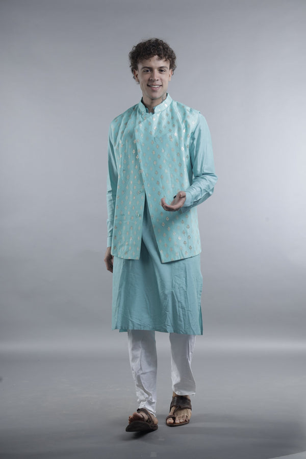 Namratha Juani Men's Pastel Blue Ethnic Kurta with Embellished Nehru Jacket