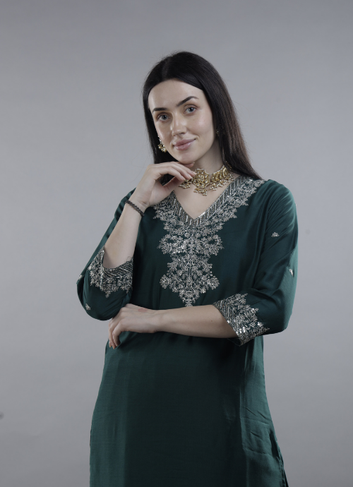 Elegant Emerald Green Embroidered Kurta & Pajama set