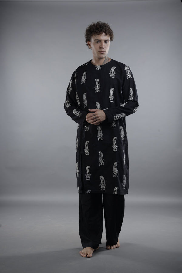 Men's Black Kurta with White Sequin Paisley Print