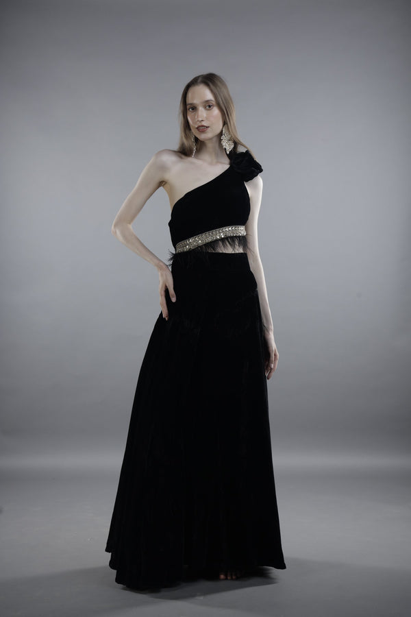 Black Asymmetrical One-Shoulder Velvet Jumpsit