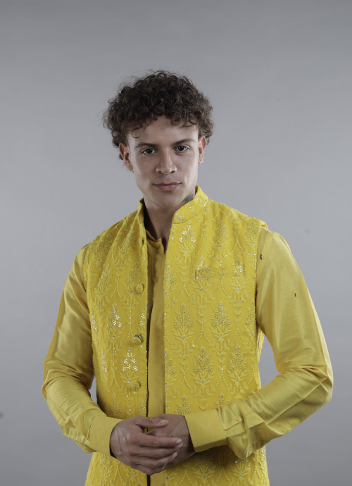 Mustard Yellow Embroidered Nehru Jacket with Matching Shirt