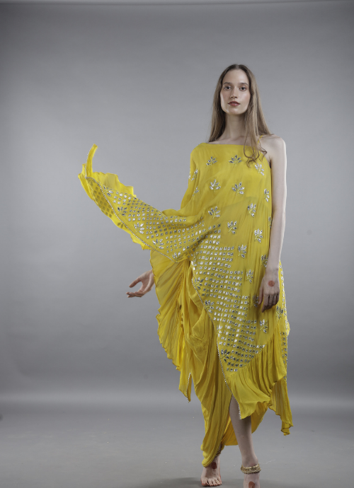 Mustard Yellow Mirror Work Asymmetrical Cape with Draped Pants