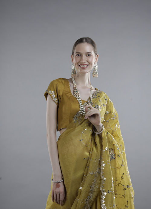 Mustard Yellow Embroidered Saree with Semi stiched Blouse