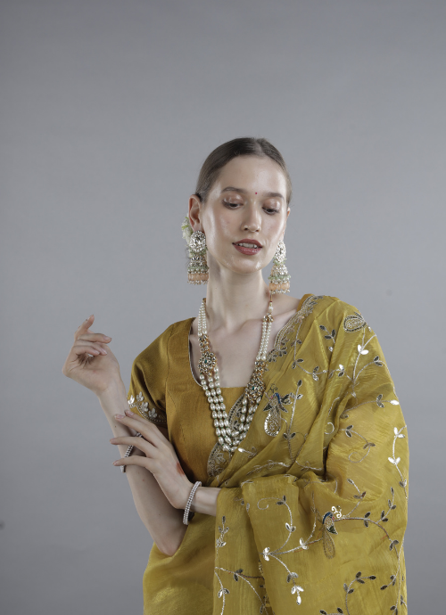 Mustard Yellow Embroidered Saree with Semi stiched Blouse