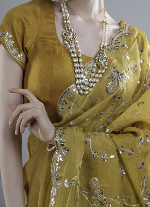 Mustard Yellow Embroidered Saree with Semi stiched Blouse