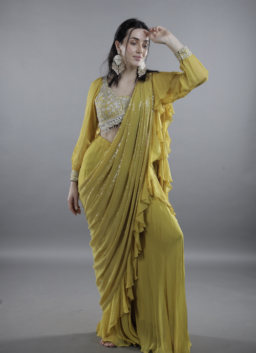 Rust Yellow Sequin Ruffled Stiched Saree with Flared Plazo