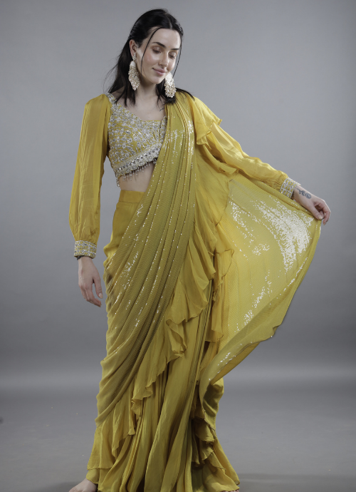 Rust Yellow Sequin Ruffled Stiched Saree with Flared Plazo