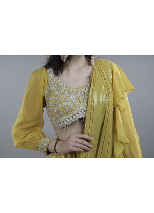 Rust Yellow Sequin Ruffled Stiched Saree with Flared Plazo