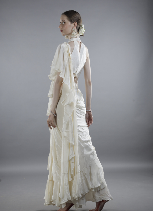 Ivory Ruffled Saree with Halter-Neck Embellished Blouse