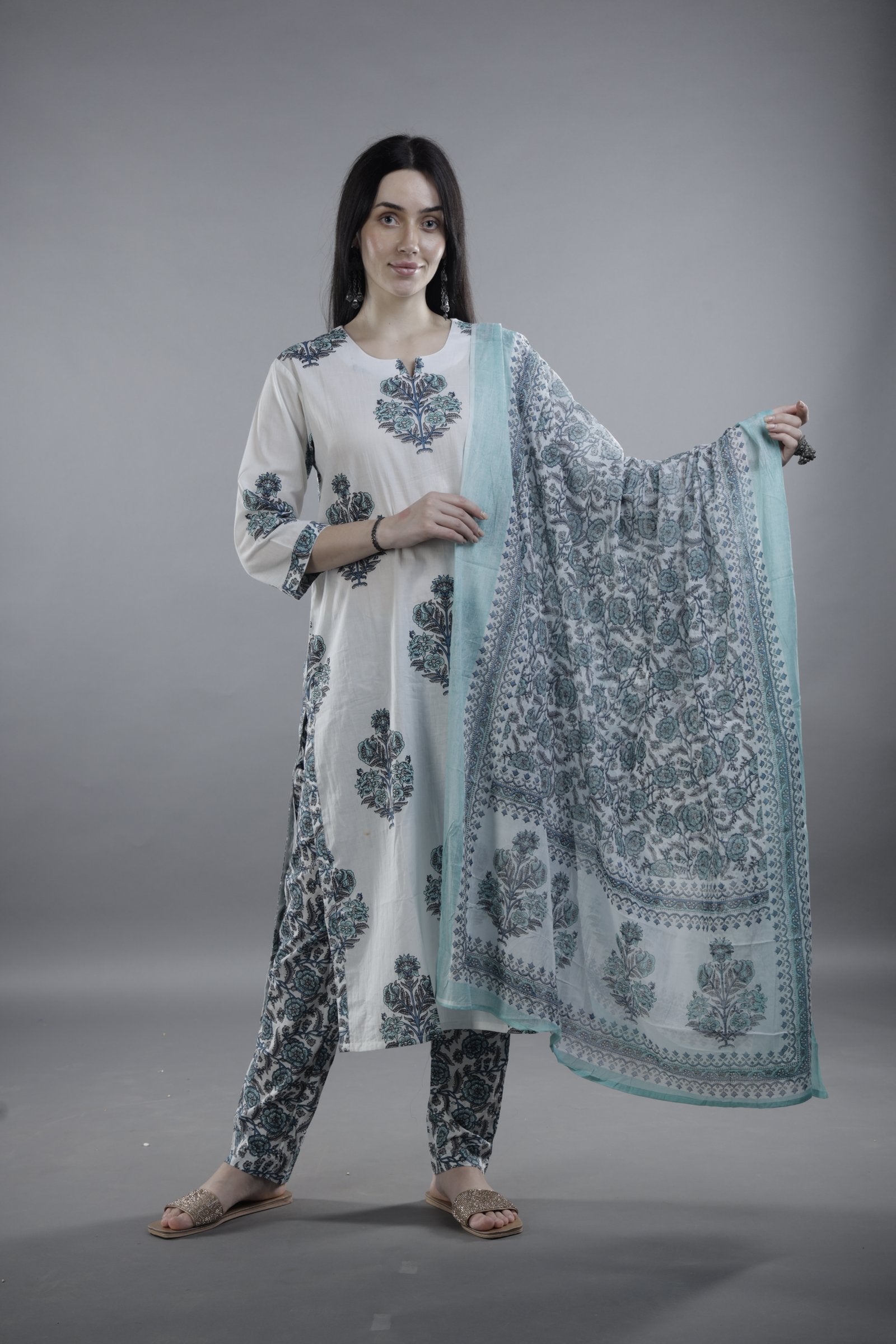 White Floral Block Print Kurta with Dupatta Set