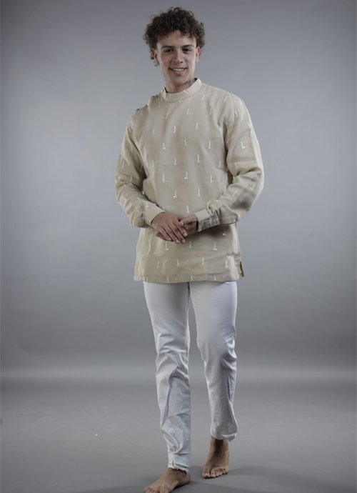 Beige Embroidered Band Collar Kurta