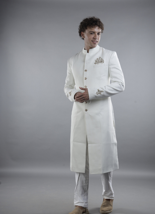 Classic Ivory Embroidered Bandhgala Sherwani