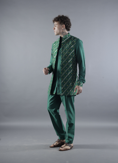 Pure Banarasi Festive Green Kurta Set with Embellished Nehru Jacket