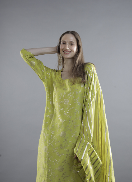 Lime Green Floral Kurta Set with Dupatta