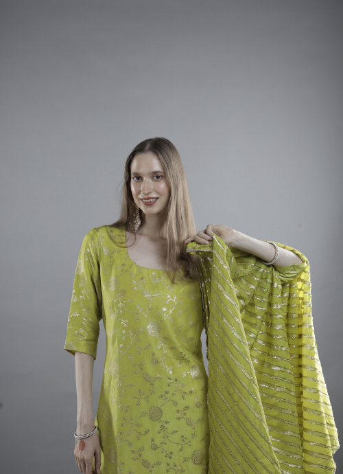 Lime Green Floral Kurta Set with Dupatta