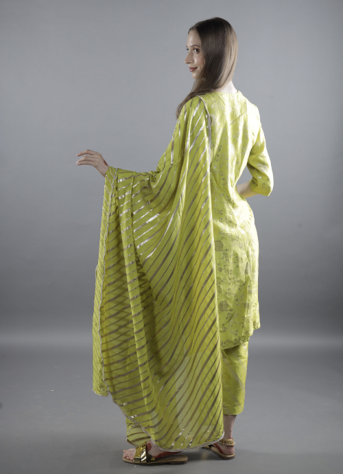 Lime Green Floral Kurta Set with Dupatta