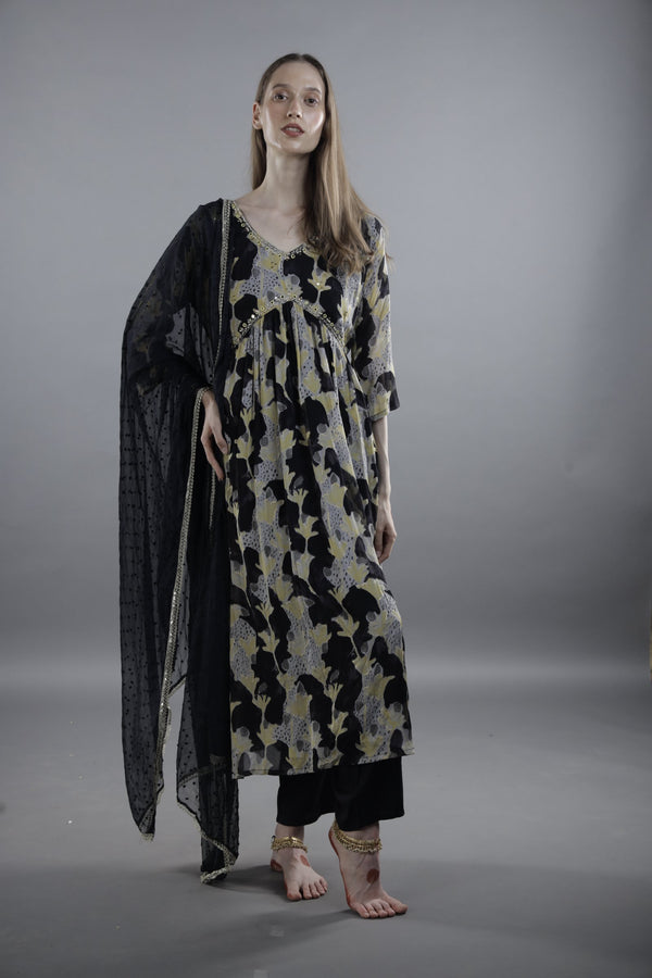 Black Floral Printed Anarkali with Dupatta