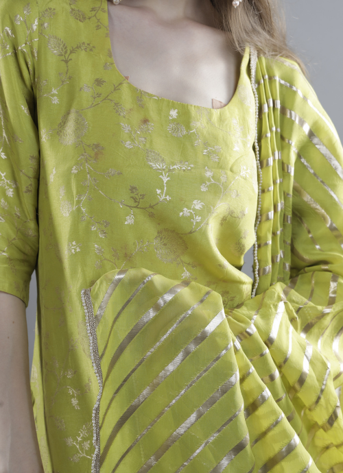 Lime Green Floral Kurta Set with Dupatta