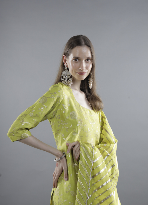 Lime Green Floral Kurta Set with Dupatta