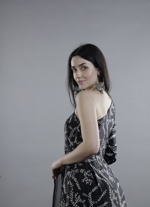 Black One-Shoulder Embroidered Kurta Set with Dupatta