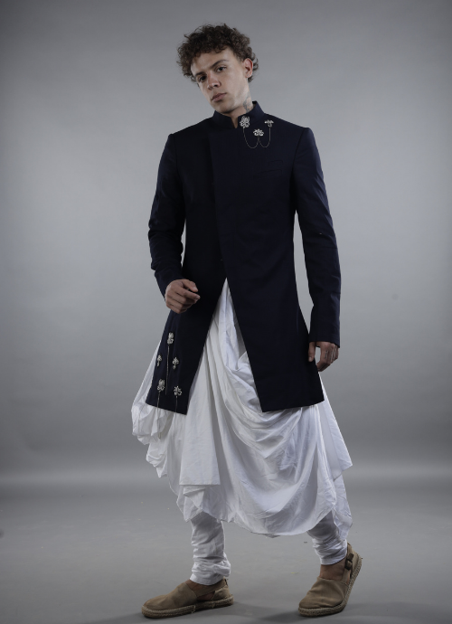 Asymmetric Navy Blue Men Sherwani with Draped Kurta and Chudidar
