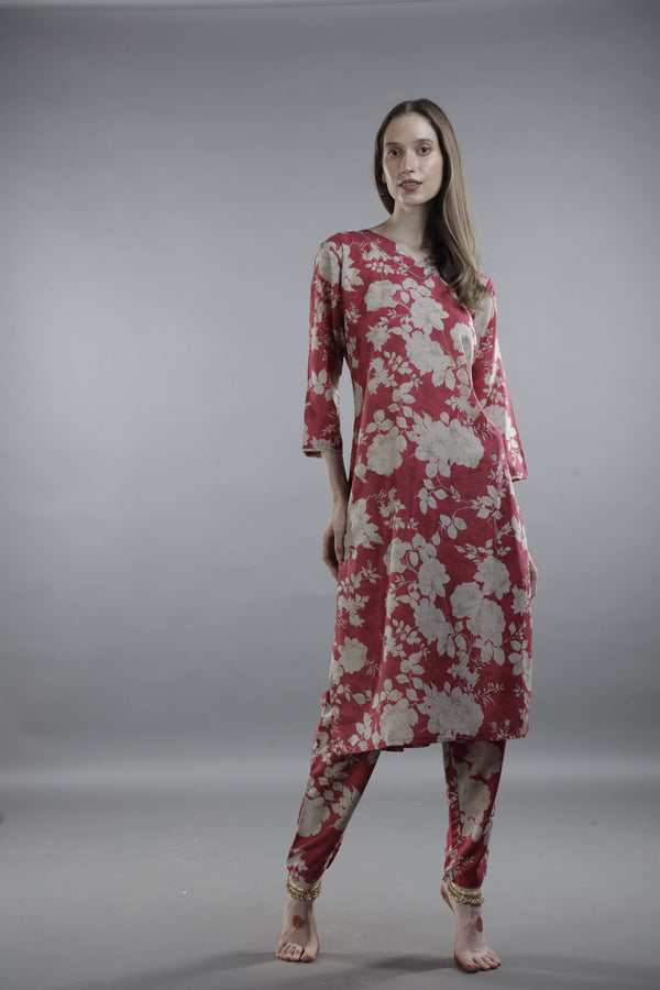 Deep Pink Floral Printed Kurta Set