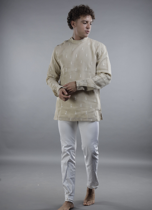 Beige Embroidered Band Collar Kurta
