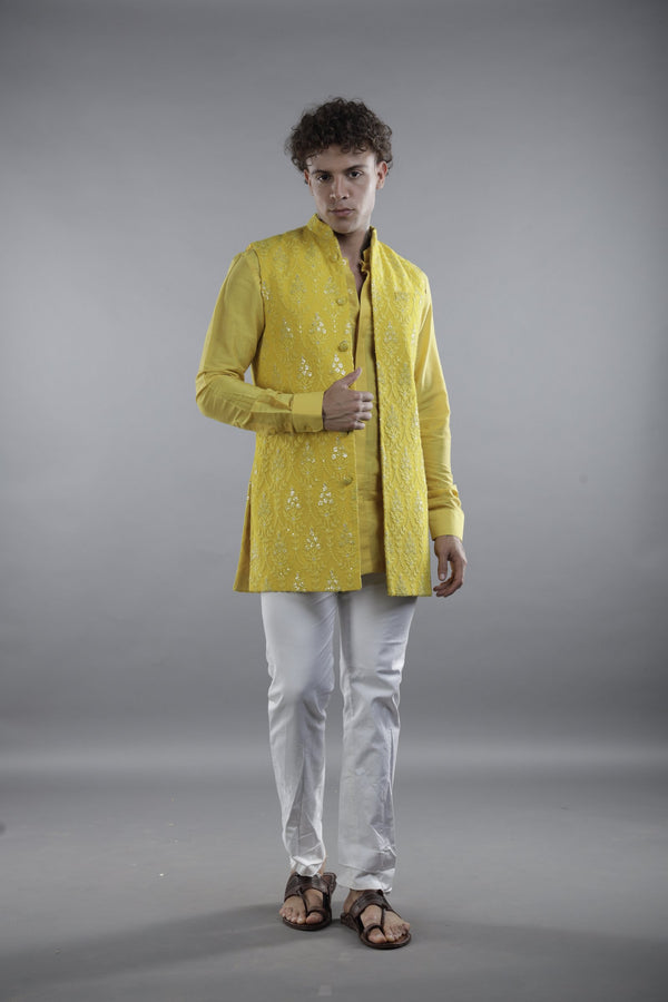 Mustard Yellow Embroidered Nehru Jacket with Matching Shirt