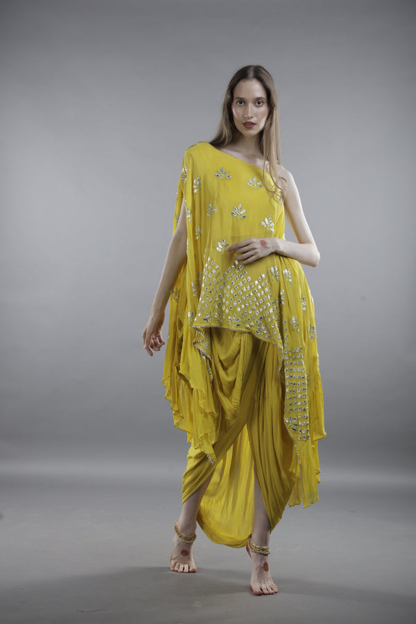 Mustard Yellow Mirror Work Asymmetrical Cape with Draped Pants