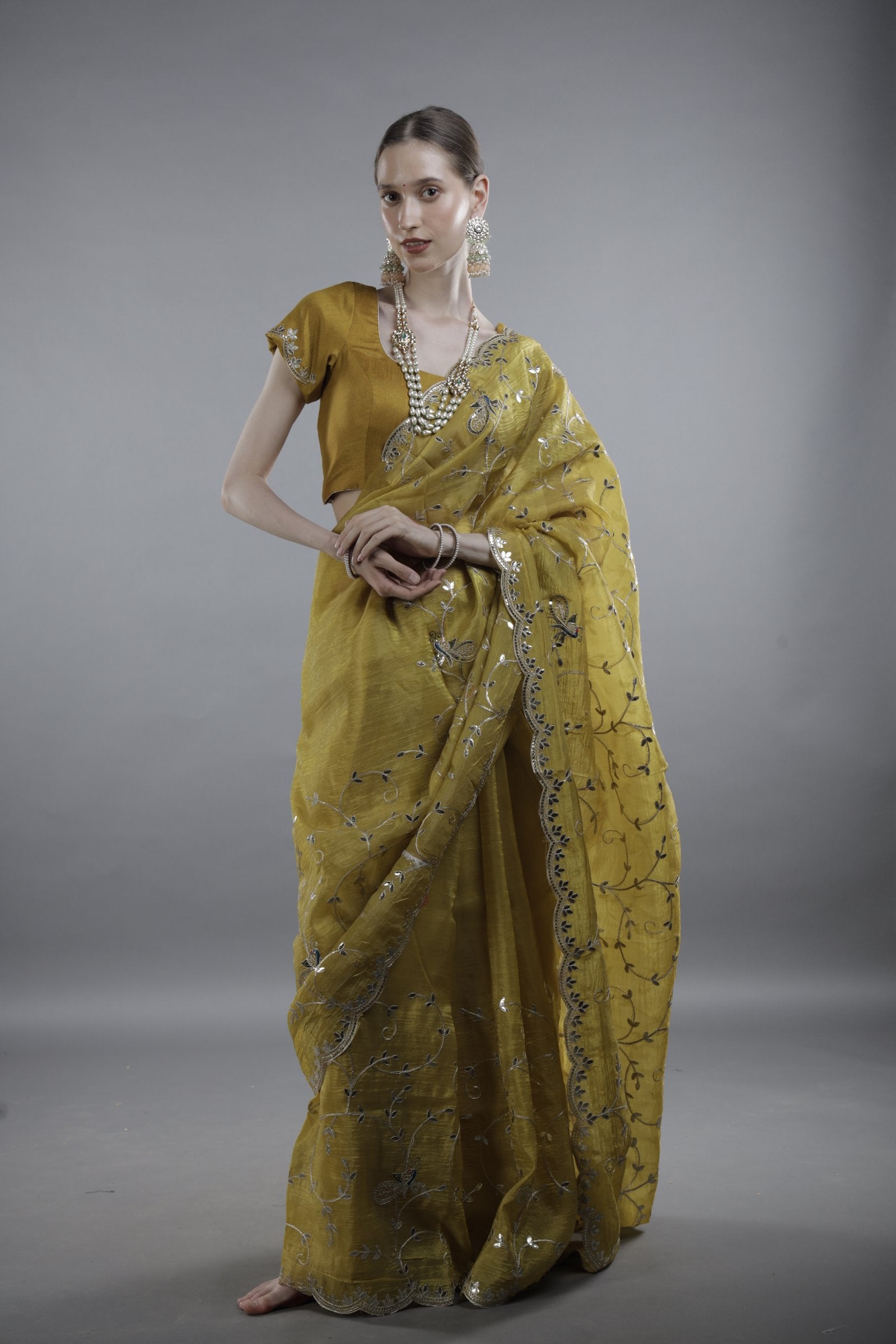 Mustard Yellow Embroidered Saree with Semi stiched Blouse