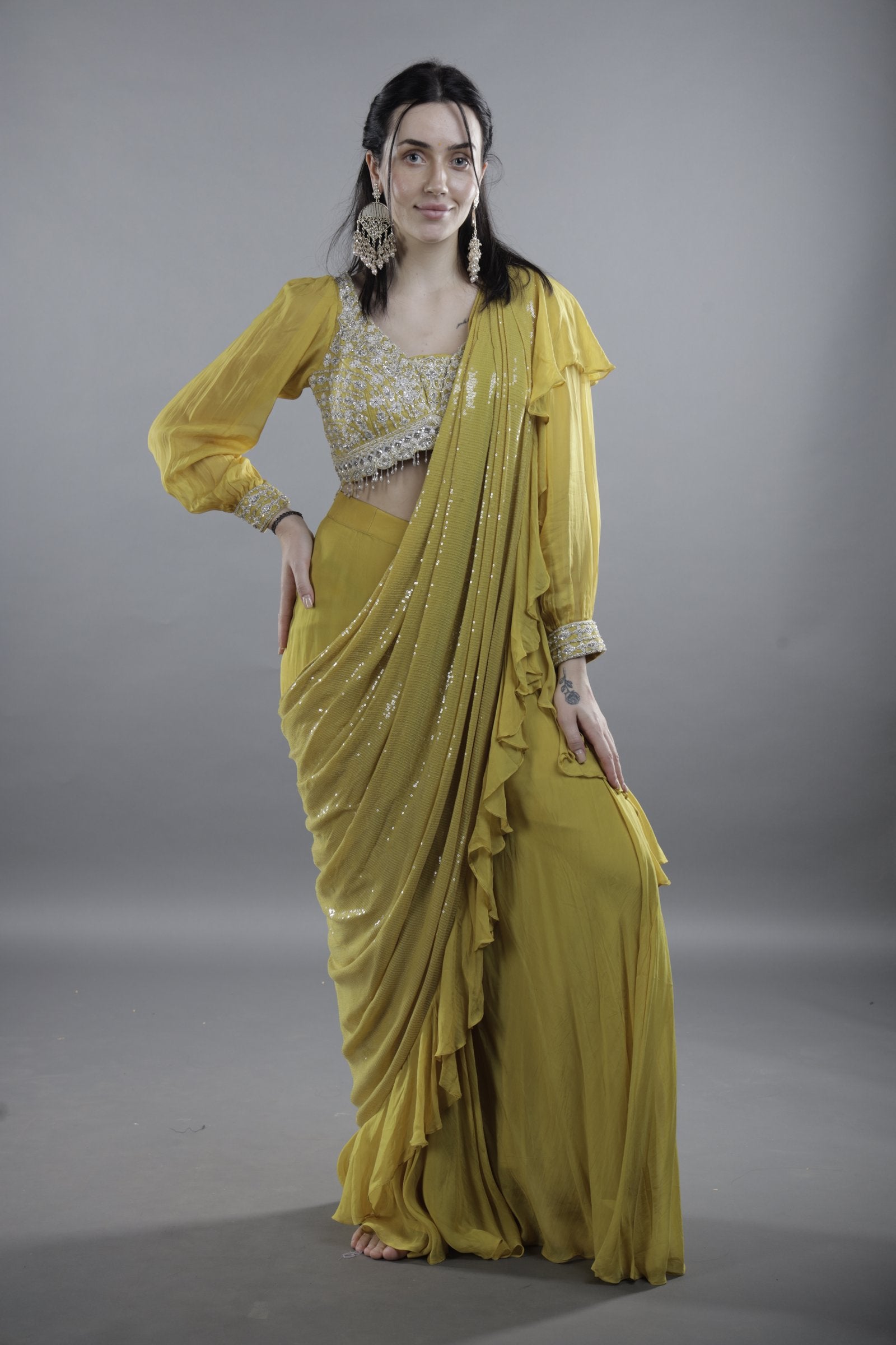 Rust Yellow Sequin Ruffled Stiched Saree with Flared Plazo