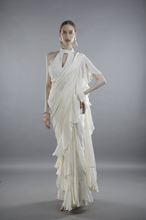 Ivory Ruffled Saree with Halter-Neck Embellished Blouse