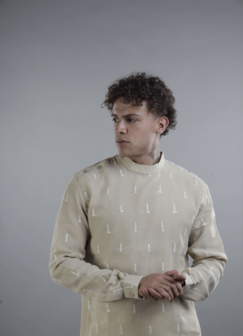 Beige Embroidered Band Collar Kurta