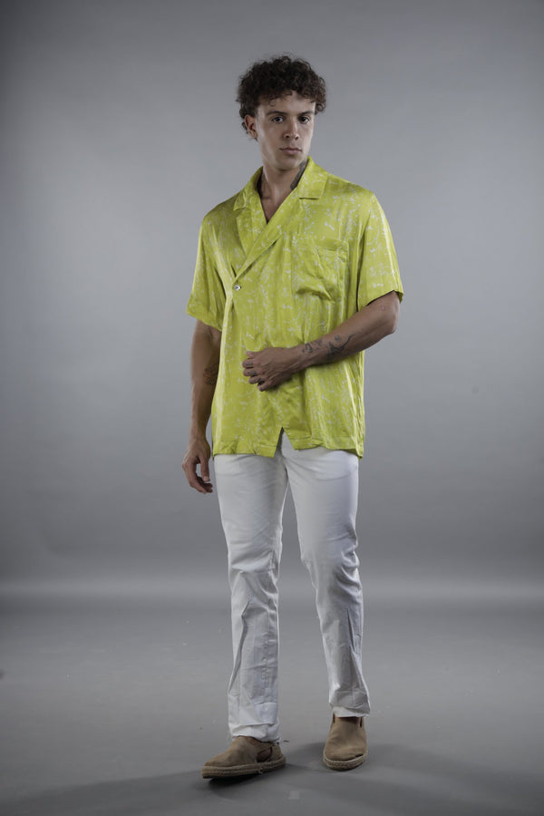 Lime Green Printed Cuban Collar Shirt
