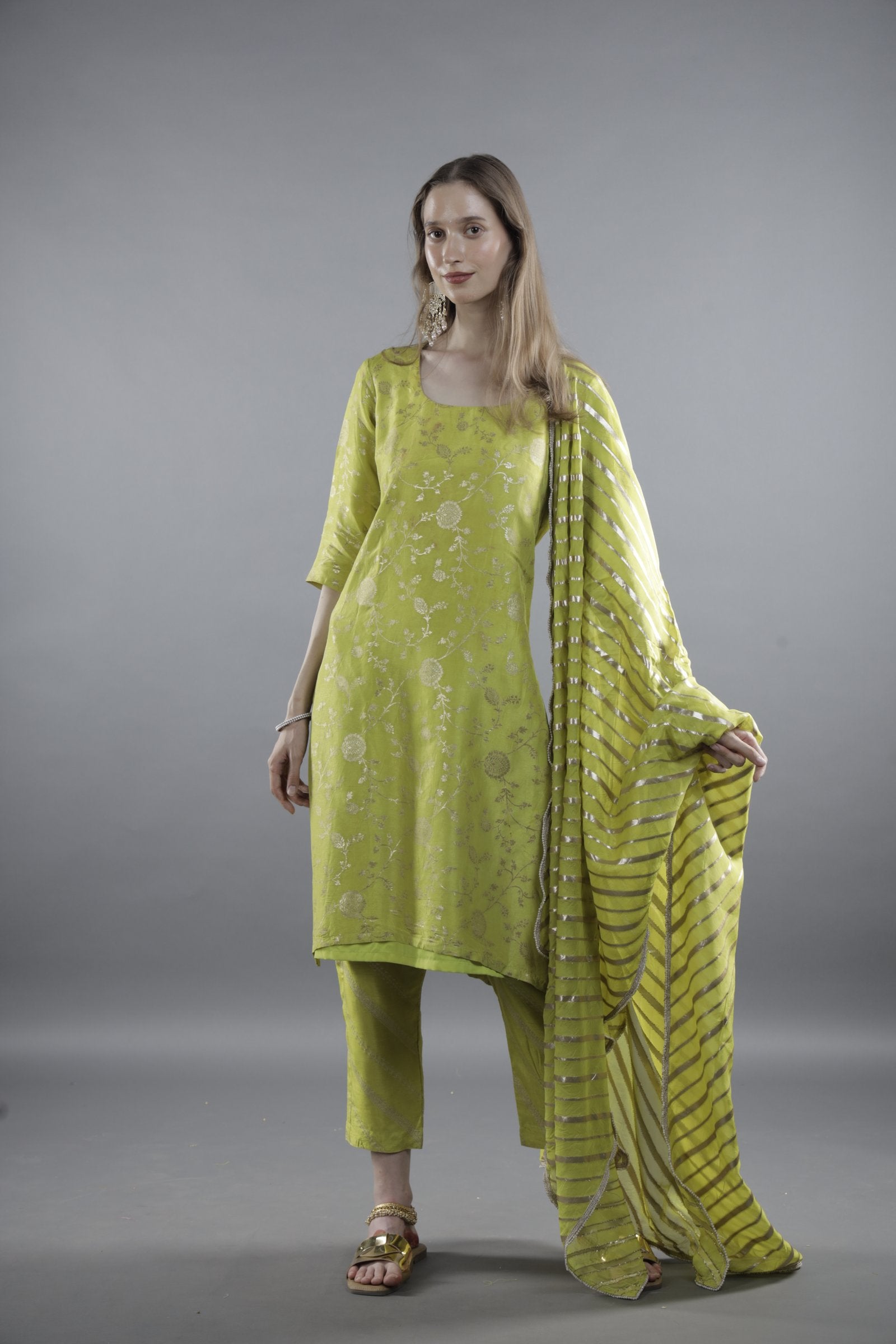 Lime Green Floral Kurta Set with Dupatta