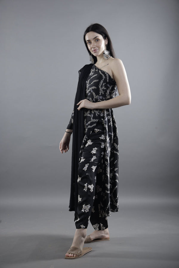 Black One-Shoulder Embroidered Kurta Set with Dupatta