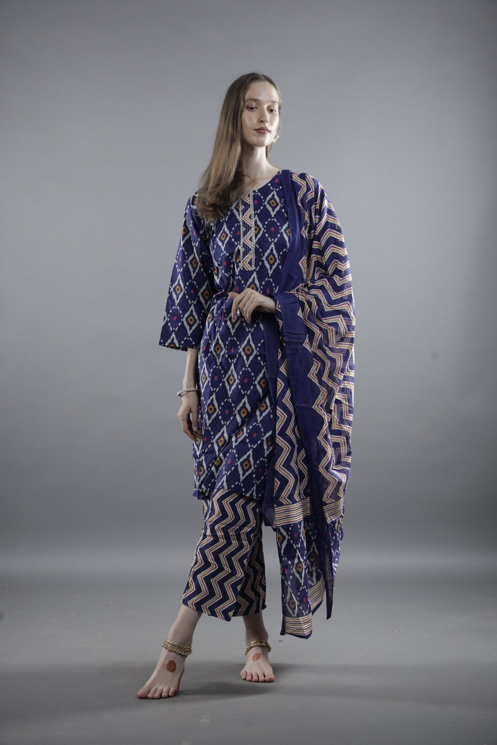 Indigo Printed Kurta Set with Dupatta