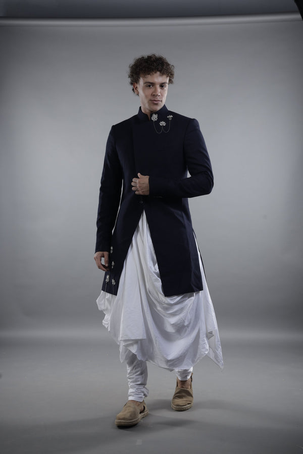 Asymmetric Navy Blue Men Sherwani with Draped Kurta and Chudidar