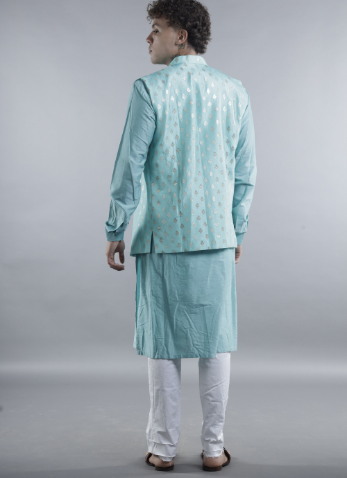 Namratha Juani Men's Pastel Blue Ethnic Kurta with Embellished Nehru Jacket