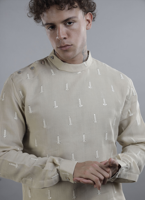 Beige Embroidered Band Collar Kurta