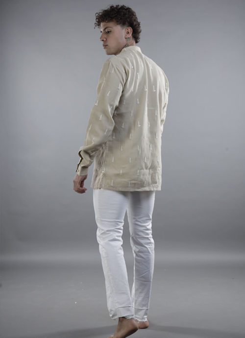 Beige Embroidered Band Collar Kurta