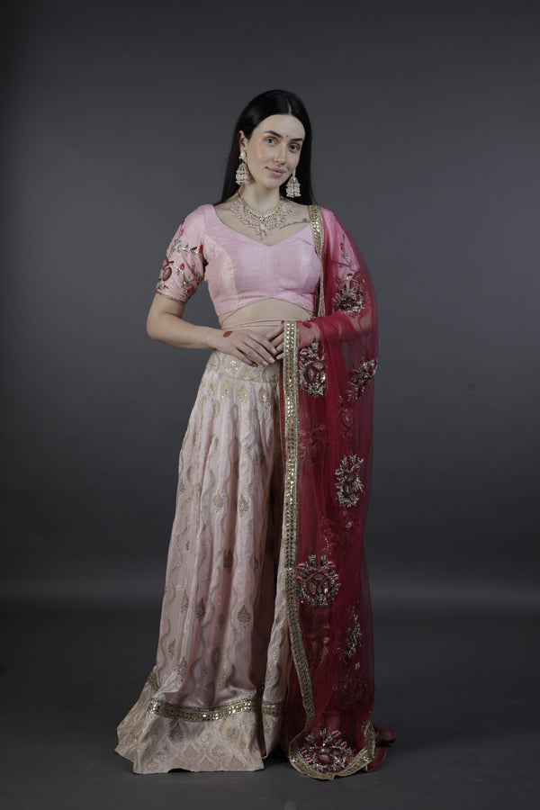 Blush Pink Embroidered Lehenga Set with Contrasting Dupatta