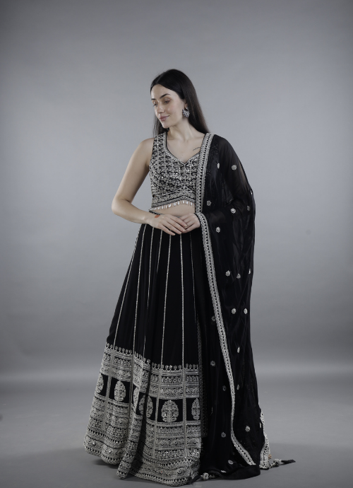 Elegant Black Embroidered Lehenga Choli with Dupatta