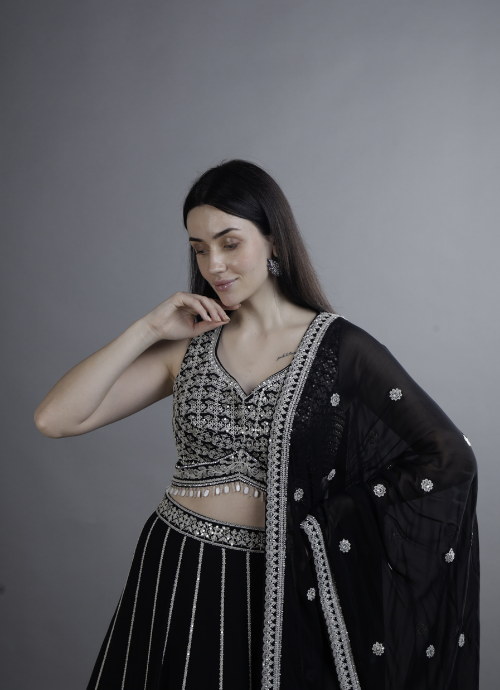 Elegant Black Embroidered Lehenga Choli with Dupatta