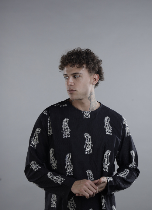 Men's Black Kurta with White Sequin Paisley Print