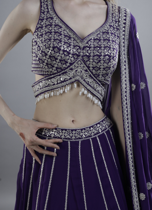 Royal Purple Embellished Lehenga Choli Set with Dupatta