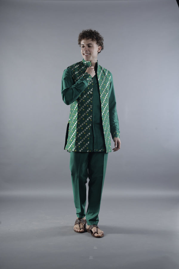 Pure Banarasi Festive Green Kurta Set with Embellished Nehru Jacket