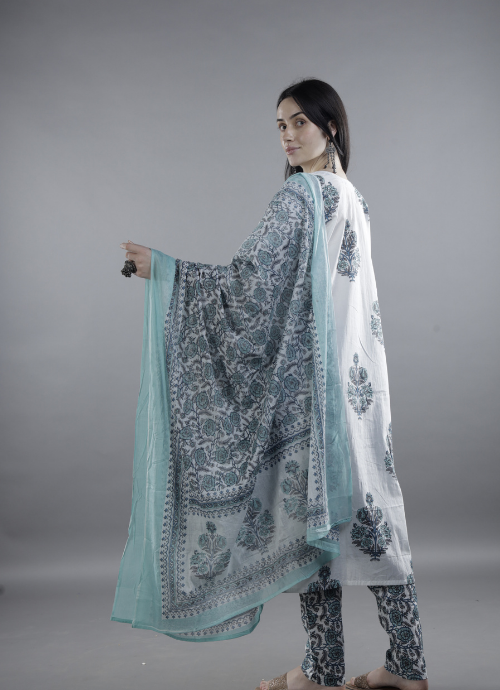 White Floral Block Print Kurta with Dupatta Set