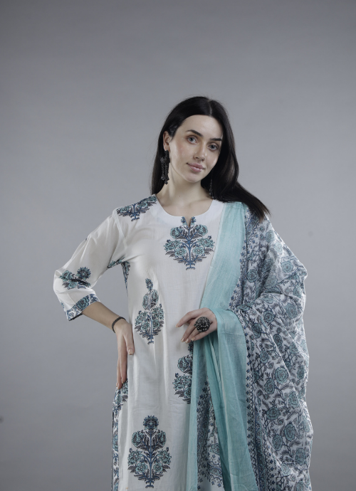 White Floral Block Print Kurta with Dupatta Set